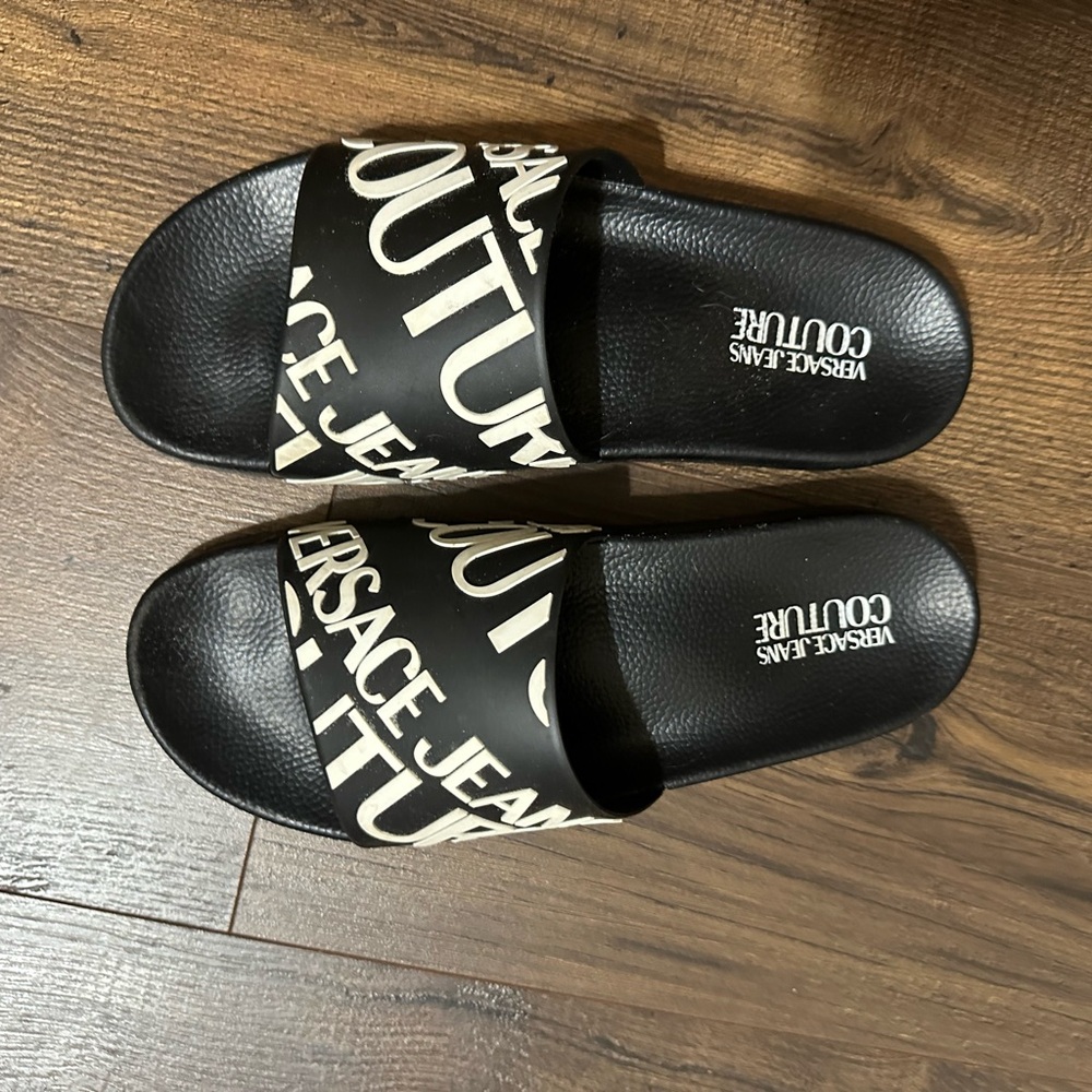 Versace Black Slides with White Logo Print